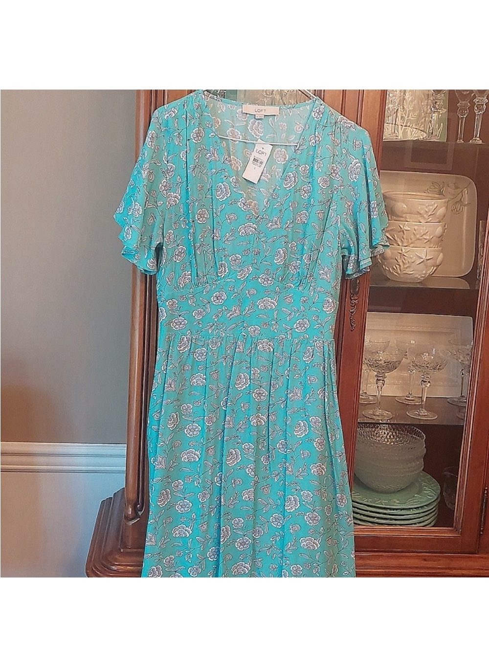 NWT LOFT aqua blue Floral Dress with Flutter Sleeves